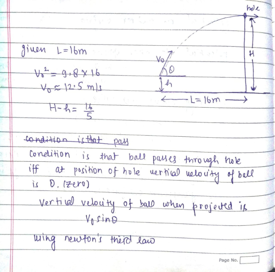 hole ginen L=16m V² - 9,8x 16 Vo = 12.5 m/s H: h= 16 & L=16m condition is that pays Condition is that ball passes through hol