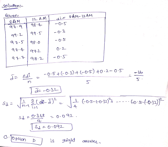 solution- Given: SAM at a 12 AM di= 8AM-12 AM 98.4 -0.5 99.5 -0.3 99.2 -0.5 97.5 98-0 97.4 0.2 97.2 97.7 98.2 -0.5 -0.5+(-0,3