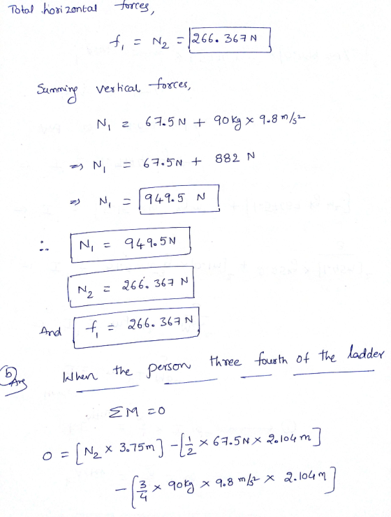 Total horizontal forces, f, = N2 = 1266. 367N Summing vertical forces, Ni z 67.5 N + 90 kg x 9.8 m/s2 N = 67.50 + 882 N » Ni
