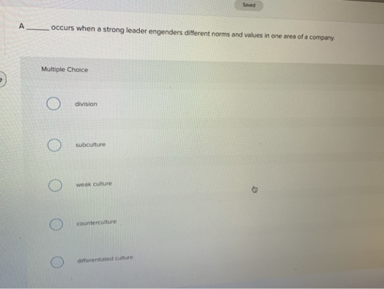 Saved A occurs when a strong leader engenders different norms and values in one area of a company. Multiple Choice division s