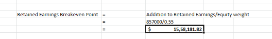 Retained Earnings Breakeven Point = Addition to Retained Earnings/Equity weight 857000/0.55 15,58,181.82