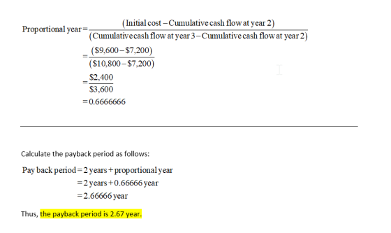 (Initial cost-Cunulative cash flow at year 2) (Cumulativecash flow at year 3-Cumulative cash flow at year2) ($9,600-$7.200) (