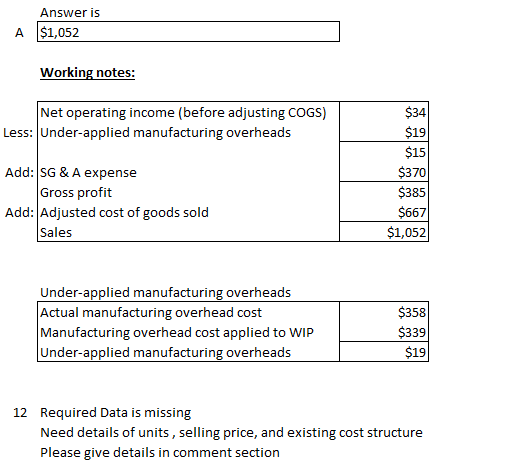 Answer is A $1,052 Working notes: Net operating income (before adjusting COGS) Less: Under-applied manufacturing overheads Ad