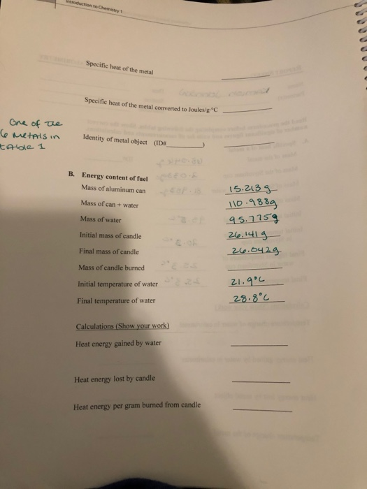 Specific heat of the metal Specific heat of the metal converted to Joulesg C One of the Cemetals in table I Identity of meta
