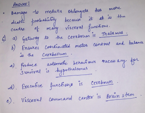 Answer: Damage to medulla oblongata has more death probability because it is the centre of many visceral functions. 6. a) Gat