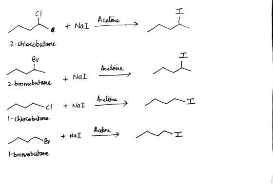 Acelone Le + Na I 2-chlocobutane By Acelone + Nat 2-bromobutane Acetone na + Net Helēne I C + Na I 1-chlosobutane Acelone n a