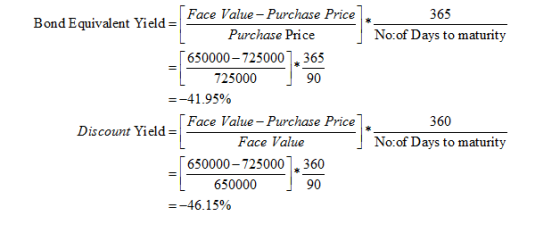 365 No:of Days to maturity Face Value - Purchase Price Bond Equivalent Yield = Purchase Price [650000 - 725000 7,365 725000 9