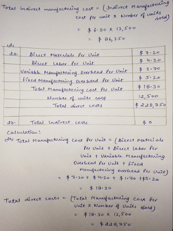 Total indirect manufacturing cost = (Indirect manufacturing cost per unit & Number of units to = $6.90 X 12,500 - & 86,250 2