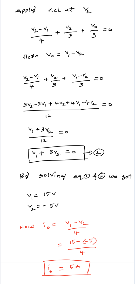 Apply Kcl at ♡ Hete Vo = Y, -V2 .+ v, % 2 co xur 3 3₂-34, +42+44,-442 so 12 Vi +3V3 so 12 4,+ 3y2 =0 tº By solving eqof@ we g