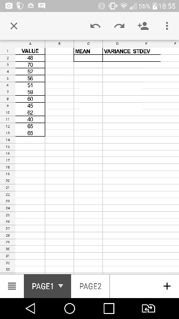 1 VALUE MEAN VARIANCE STDEV 48 7O 51 60 45 62 40 85 65 23 PAGE1 ▼ PAGE2