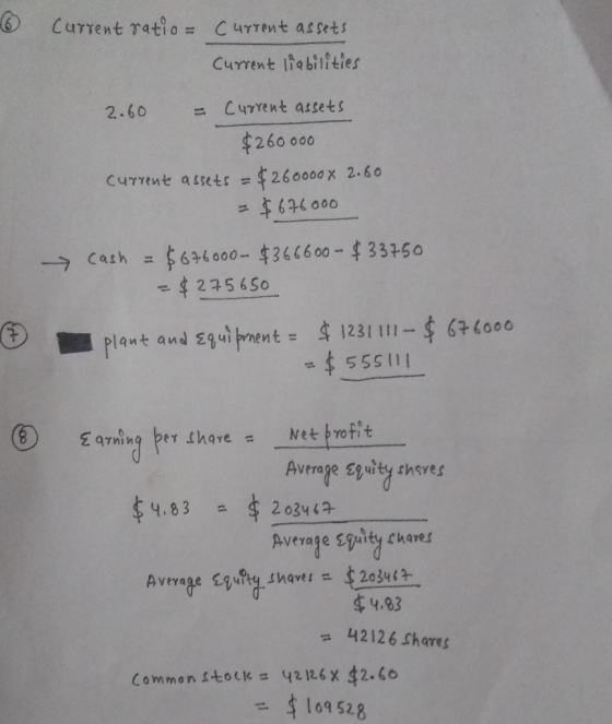 6 current ratio= current assets Current liabilities 2.60 = Current assets $260 000 current assets = $2600008 2.60 = $676000 c