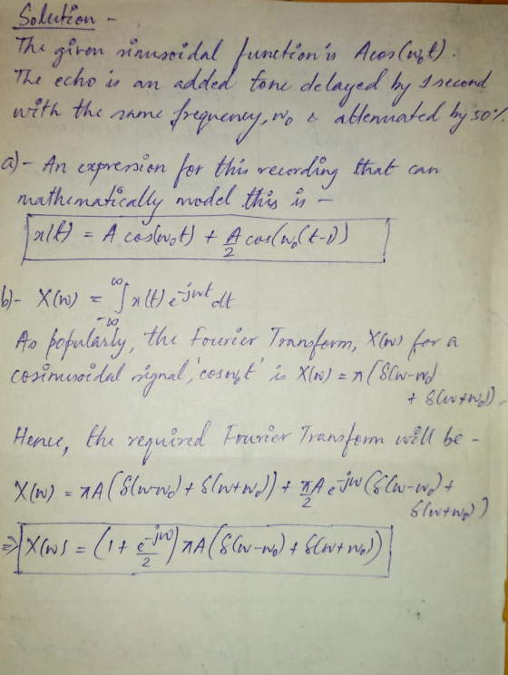 Solution - The girm sinusoidal function Alor(wit). The echo is an added tone delayed by 1 second with the name frequenuj, wo