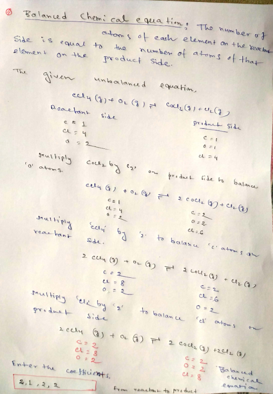 Balanced Chemical equation.. I equation. The number of Side is element equal on the atoms of each element on the reactan to t