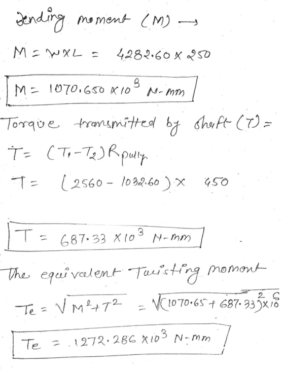 mo ment M) 4282.60 x M1070.650 X10 NN-Mm Torqve trammitted by huft (7) = T (T-TRpuliy. 2560-l032.60 )X .3 N-mm 687.33 X1o he