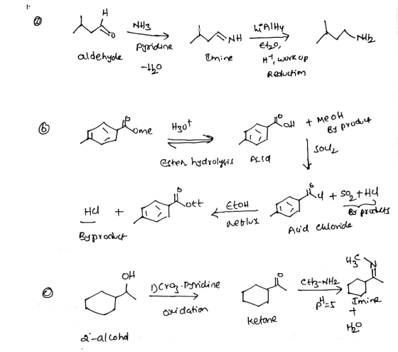 NH3 AIHY NH Pyidine Et2o, aldehyole Tmine HT wrk up Reluchim + меoн ву руod4 H30t me Souy Echen hydrolis +S02+H в рratе Hd Et