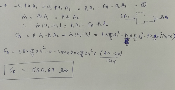 © - PAI دا مع -u, pu, A, +U₂ PU₂ A = P, A, - FA - BA2 m - PUA, = PU₂ A2 in 14-4)= P, A, - FA -P2 Az & P, A, - k Az & in (42-4