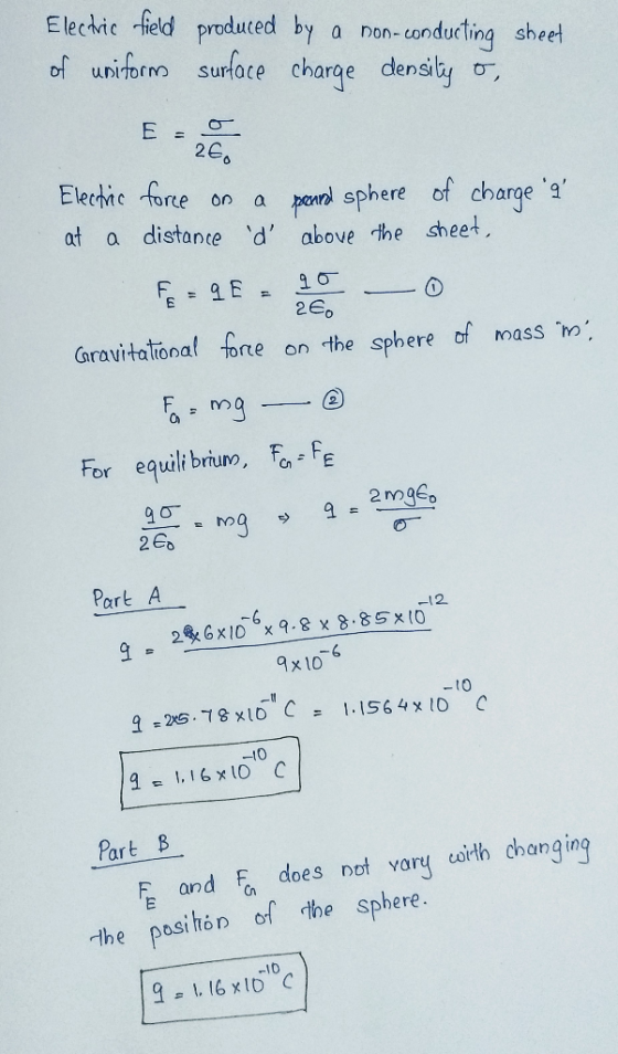 Electric field produced by a non-conducting sheet of uniform surface charge densily o, Electric force on a pound sphere of ch
