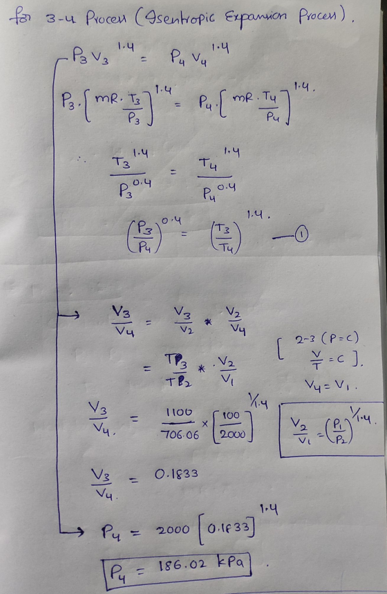 for 3-4 Procen (Isentropic Expansion ansion Process). 1.4 P₂ V₃ 1.4 Pu Vu 1.4. P₂. MR. Tz P3 MR. Ty Pu L (me. Pu 1.4 1.4 T3 T