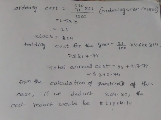 ordering ceX52 (ovdeingsi s 20 1000 Stock 鸟24 Holding Cost for the year :쓺 xy.(tx3LY 4 217,74 . To tal annual cost-25 + 3a- -342 4 -Fom the calculation guestim。 teus case, if e deduct 209 30, the Cost Yeduct would be 284. 4