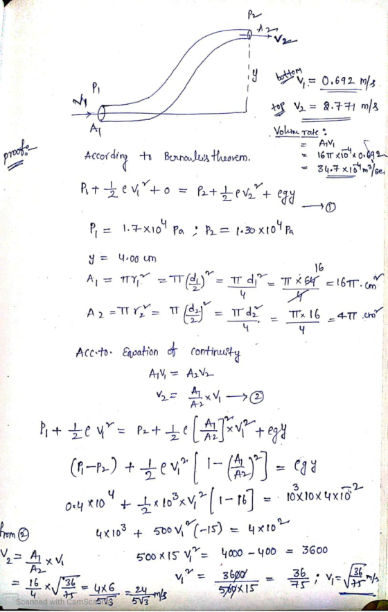 P2 ALV y best to = 0.692 m/s. top V2 = 2.771 m/s Volutae rate : According to Bernoules theorem. = 16 17 x 10 x 0.6921 - 34.7