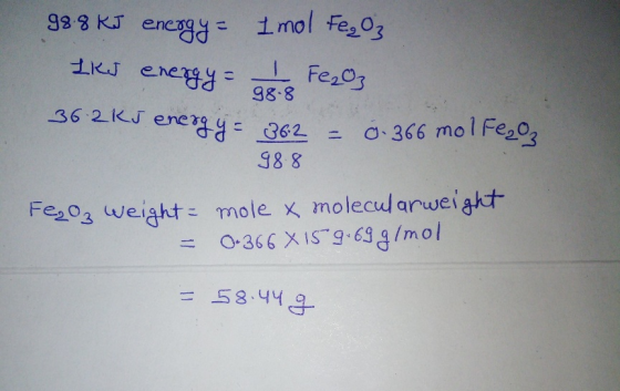 98.8 kJ energy = 1 mol FegO3 LKJ energy ass Fenos 36-2KJ energy = 362 = 0 366 mol Fe2oz 988 Fe₂O3 weight = mole x molecularwe