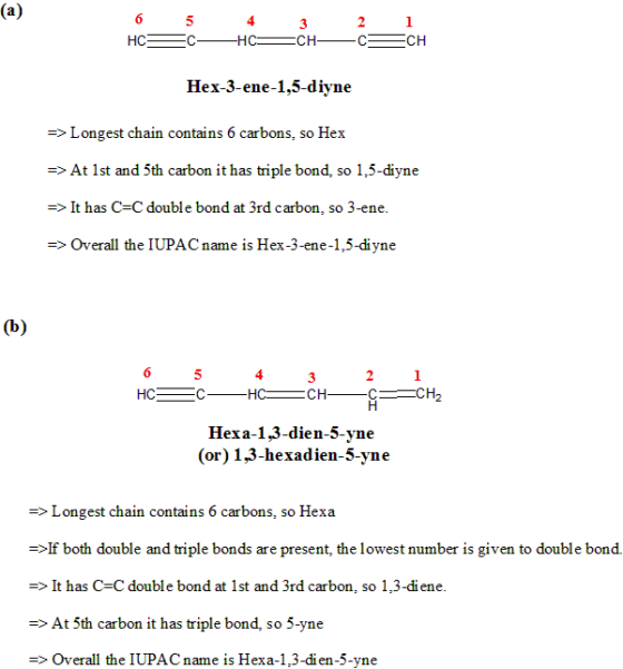 (a) 6 5 4 3 2 1 HC SC-HC=CH-CECH Hex-3-ene-1,5-diyne => Longest chain contains 6 carbons, so Hex => At 1st and 5th carbon it
