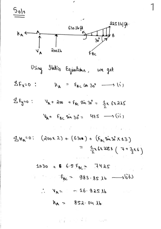 Sols 225461ft. 630 1ъg КА“ B 30° доод FBc Using Statics Equations, we get 3F 0 : КА Ғве » 30° — (1) 4fy=o : А + goo + FBC sin