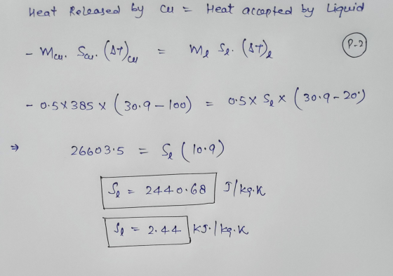 Heat Released by cu = Heat accepted by Liquid P-2 Mc. Sau (07)cel me se (BT), - 0.58385 x ( 30.9-100) 0.5X Sox 3019-209) > 26