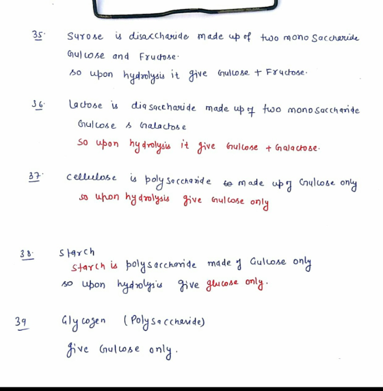 35 Surose is disaccharide made up of two mono Saccharide Gulcose and Frucose so upon hydrolysis it give Gulcose + Fructose 36