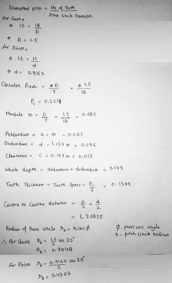 Diametral pitch No. of of Teeth Pitch circle Diameter for Gear, 12 = 18 D DE 1.5 for Pinion, 52 = 11 d d = 0.9167 Circular Pi
