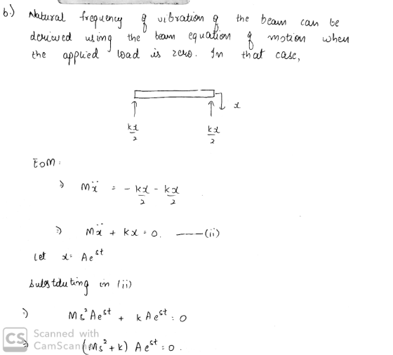 b.) Natural frequency q vibration of deniwed using the beaun equation the applied wad is zero. In the beam can be q motion wh