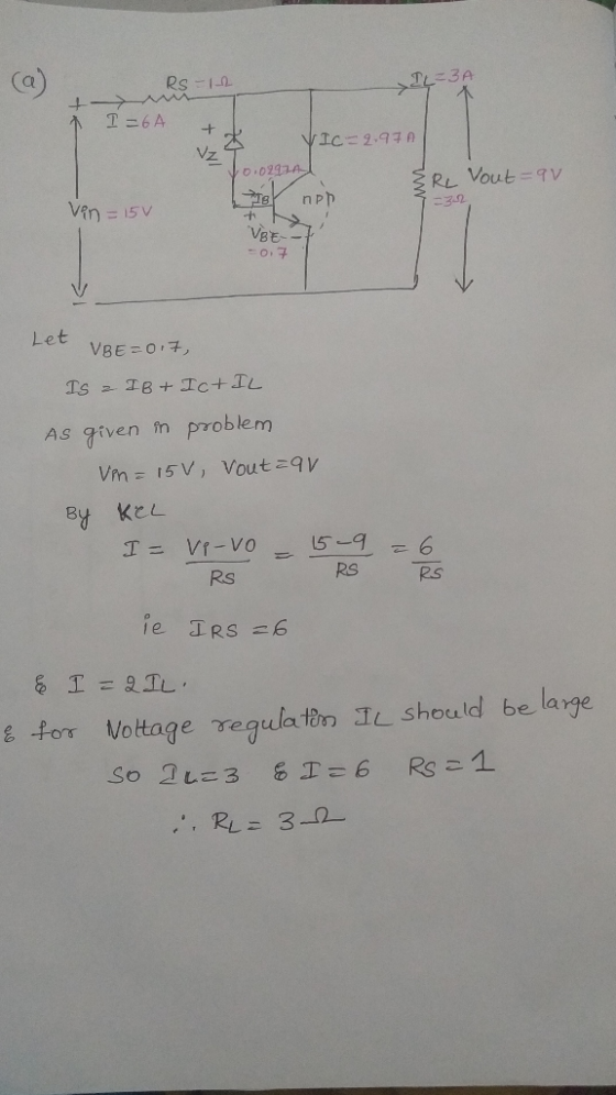 RS-12 T = 3A w T = 6A + - VIC=2,97 A 10.0297AL out av & RL -3-2 Vin= 15v er np + VBE-F -0.7 Let VRE=017, IS - IB + Ic+IL As g