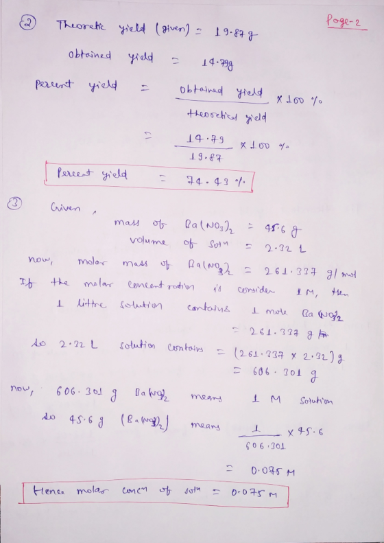 2 page-2 Theoretic obtained yield (given) = 19.87 g yield = 14.799 Perunt yield obtained yield x doo % & theoretical gield 14