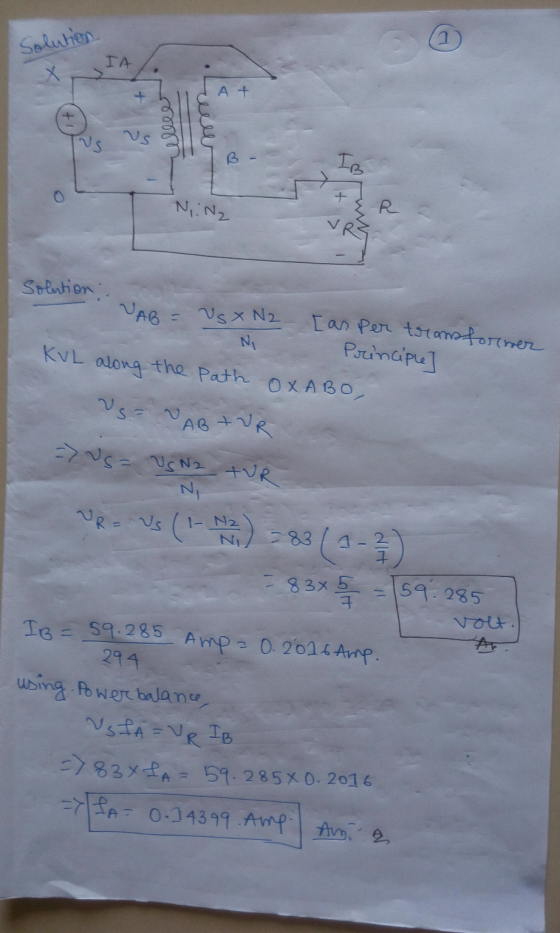 Solution IA + At elleer Vs Vs B IB N, N2 R Solution : [as per transformer Principle KvL along VAB = VS X N2 Ni the OXABO, ABT