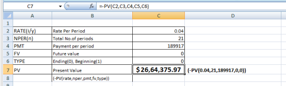 C7 fx --PV(C2,C3,C4,C5,C6) A B с D 0.04 1 2 RATE(i/y) 3 NPER(n) 4 PMT 5 FV 21 Rate Per Period Total No.of periods Payment per