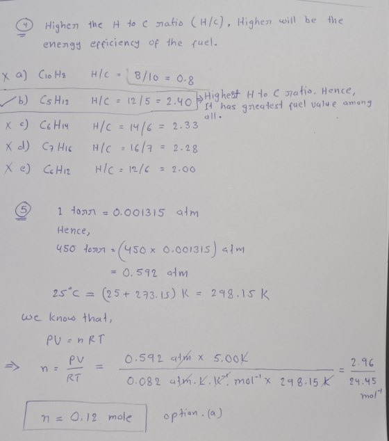 the Highen the H to c ratio (H/<), Highen will be enengy efficiency of the fuel. H/C 8/10 = 0-8 Cio H8 X a) %3D /b) Cs Hiz H/