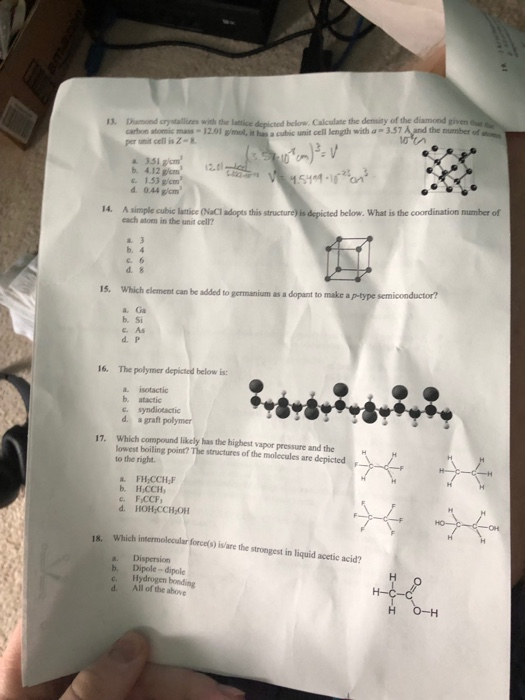 Diamond arystallizes wih the letice depited below. Calculate the density of the diamond given carbon atomic mass per unit cel