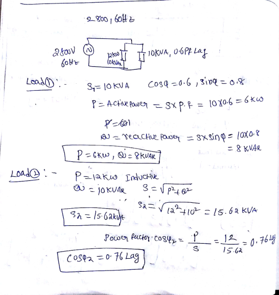 28001 60Hz a tour Kw 10KVA, 0-6PR Laf Gotte TOKNAK Load- Sn= 10 KUA cosa=0.6, sina=0.8 P = Active Power 3x pf = 10/0.6 = 6KW