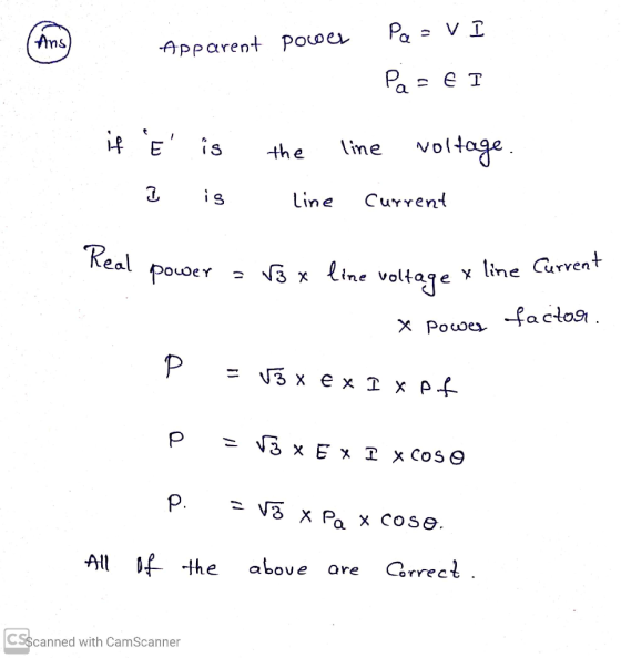 Apparent power pa=v. I агет if E . 3 is is the line line voltage. current power - V3 x line voltage x line Current X Power f
