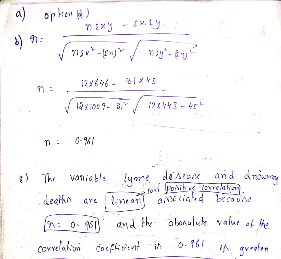 a) option lol NERY Ency b ) 9 : ngu²-(2n) ney - Eyja 12 x646-81845 N : 12x1009 - 812 12x443-451 n 0.961 e) The variable and