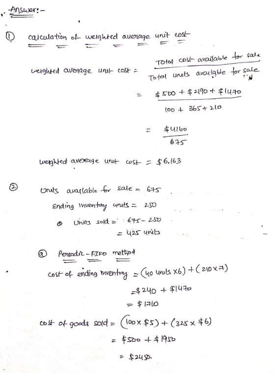 . Answer:- calculation of weighted average unit cost Total cost available To tell units auculable for sale for sale weighted