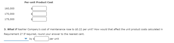 Per-unit Product Cost 160,000 170,000 175,000 3. What if Nashler Companys cost of maintenance rose to $0.22 per unit? How wo