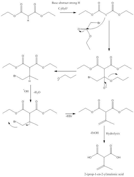 Base abstract strong H C2H5O Br Br- Br Н Гон -Н20 -HBr Br -EtOH Hydrolysis он но 2-(prop--en-2-yl)malonic acid о O1 O O