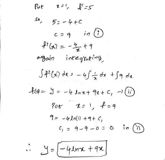 Put dal, tas so, 53-470 - caq in fila2 = -4ta again integrating, SPG de = -45 – 2 dx tja de fo=y=-4 dnxt 9+ + C, Por x=1, f=9