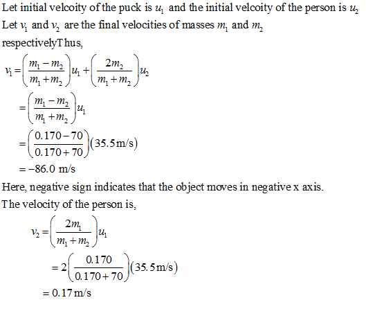 Let initial velcoity of the puck is u and the initial velcoity of the person is u v\ and v, are the final velocities of masse