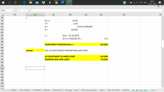 C W ENG 00:30 03-06-2020 DZ95 . DY DZ EA EB EC ED EE EF- с 78 79 80 81 Elr) = rf = 12.0% 2.0% 2 RISK AVERSION 20.00% A = 82 6