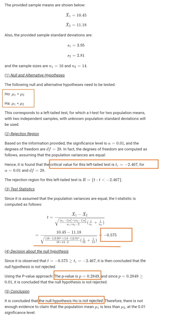 The provided sample means are shown below: Xi 10.45 X2 = 11.18 Also, the provided sample standard deviations are: $1 = 3.95 S