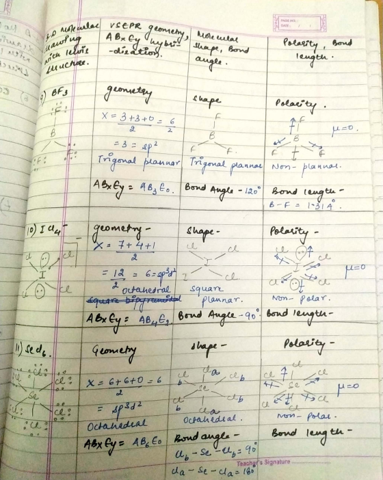 PAGE NO. DATI po moleculae VSEPR with lelvis structure. A B x Ey wybric shape, augle. geometry, more cular -disation. Bond Po