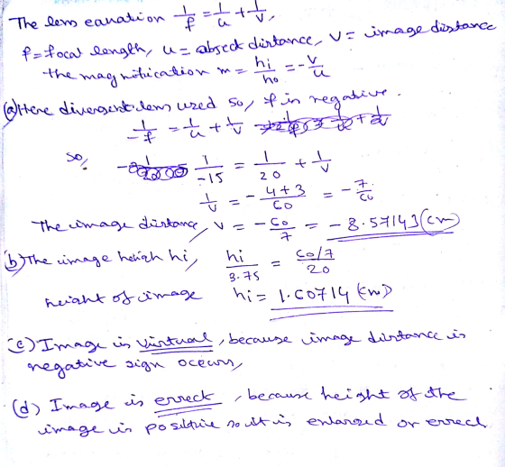 The lens eanation - - - - - f= focal length, uz object distance, v= image distance the magnification me (altere divergenttide