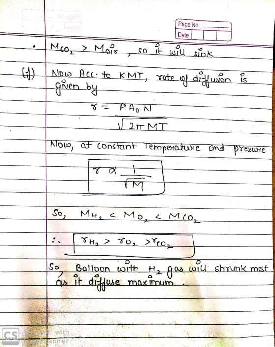 Page No. Date H McQ Mais, so it will sink tNow Acc. to KMT, rate of diffusion is I given by - 8 = PAON 20 MT Now, at constant